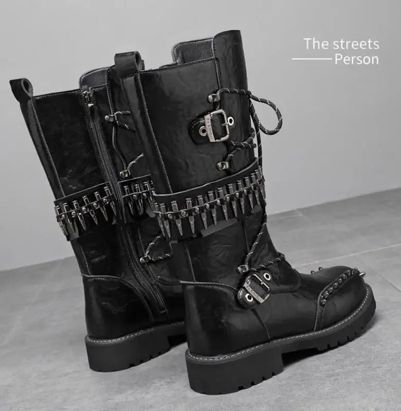 Round Toe Metal Decorations Belt Buckle men Boots Thick Sole Flats Black Zipper Fashion Punk Gothic  Equestrian Motocycle Boots