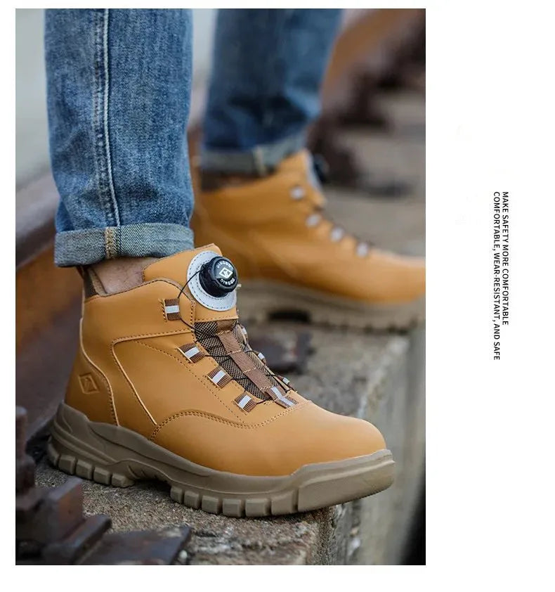 Rotating Buttons Work Boots Men Steel Toe Shoes Safety Boots Puncture-Proof Protective Shoes Waterproof Indestructible Shoes New