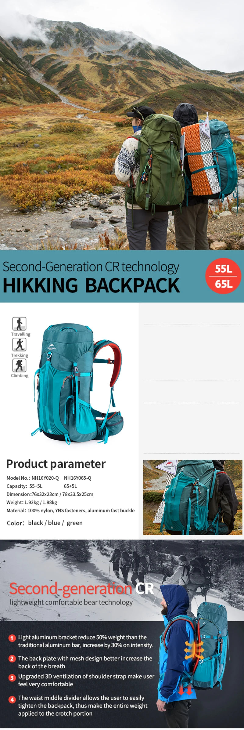 Naturehike-Camping Hiking Backpack with External Frame, 65L Large Capacity, Trekking, Mountaineering, Climbing Bag, 55L