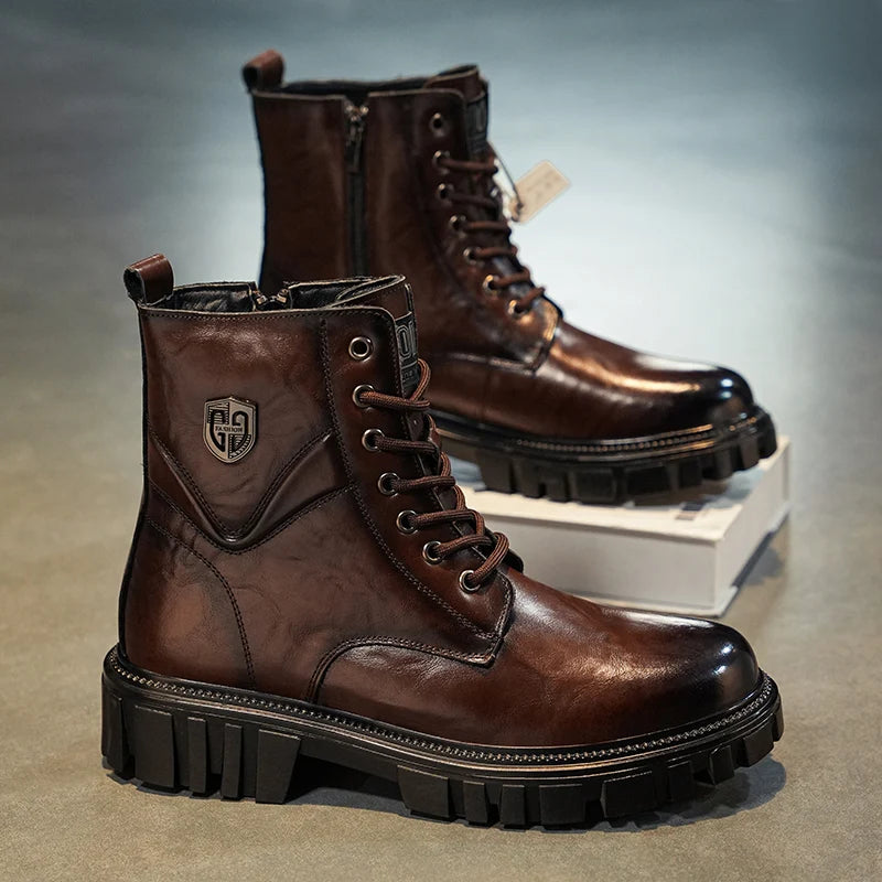 High Quality Brand Men's Leather Casual Shoes Outdoor Workwear Shoes Thick Soled Wear-resistant Men's Motorcycle Boots Handsome