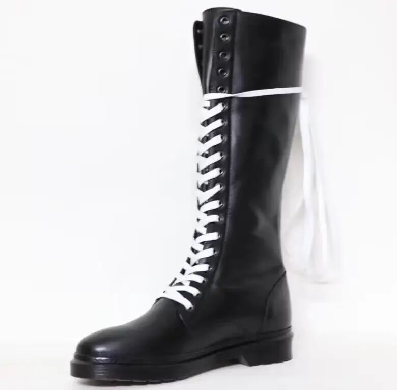 Lace Up Cowhide Knight Boots for Men Black Genuine Leather High Boots Back Zipper Over The Knee Motorcycle Boots Winter Shoes