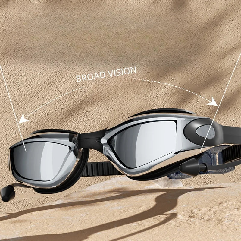 Professional Swimming Goggles with Earplugs Adult Anti-fog UV Protection Lens Men Women Waterproof Adjustable Silicone Glasses