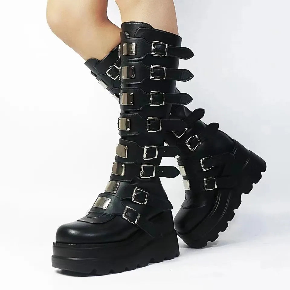 Gothic Long Boots for Women Platform Knee High Boots Punk Black Sexy Motorcycles Boots New Halloween Cosplay Women Shoes