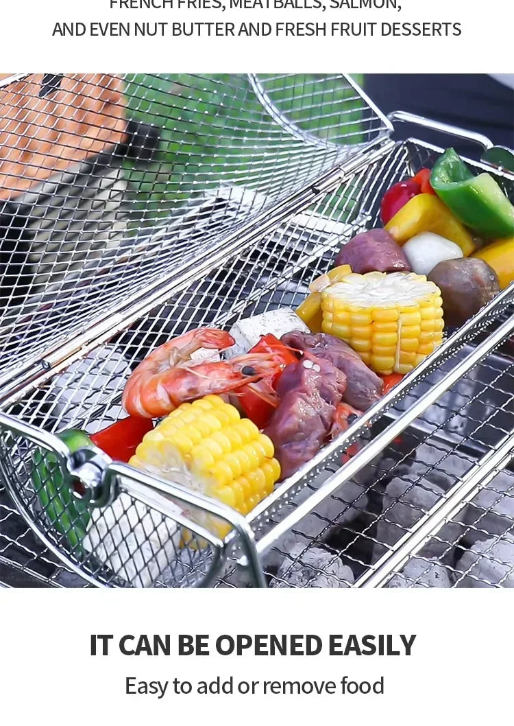 Stainless Steel Rolling BBQ Grill Manual Rotating Barbecue Cage with Base Rotisserie Basket Roll Barbecue Cage Outdoor Roaster
