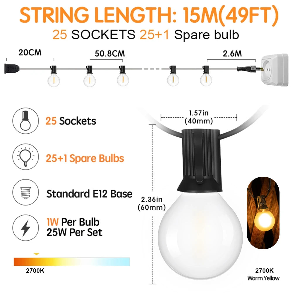 Waterproof G40 Led Lights Decoration EU 220V US 110V String Light Warm White Frosted White Wedding Party Garden Lights Outdoor