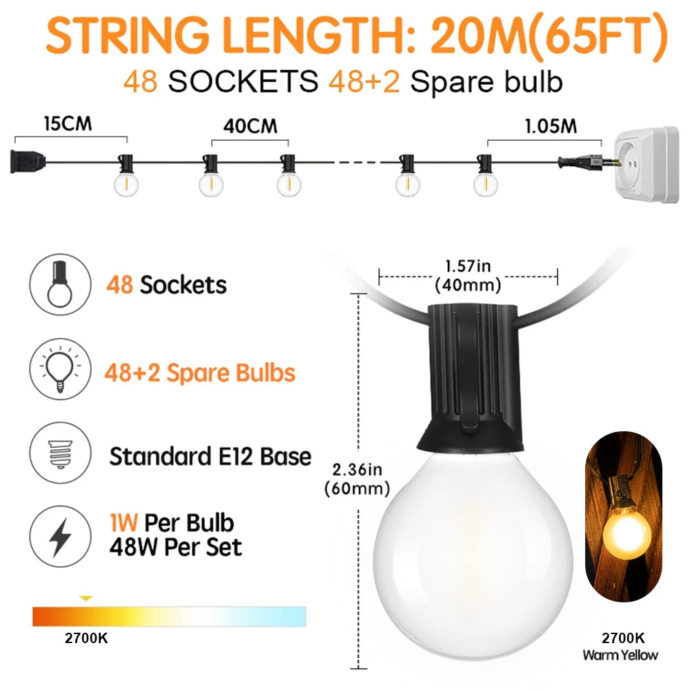 Waterproof G40 Led Lights Decoration EU 220V US 110V String Light Warm White Frosted White Wedding Party Garden Lights Outdoor
