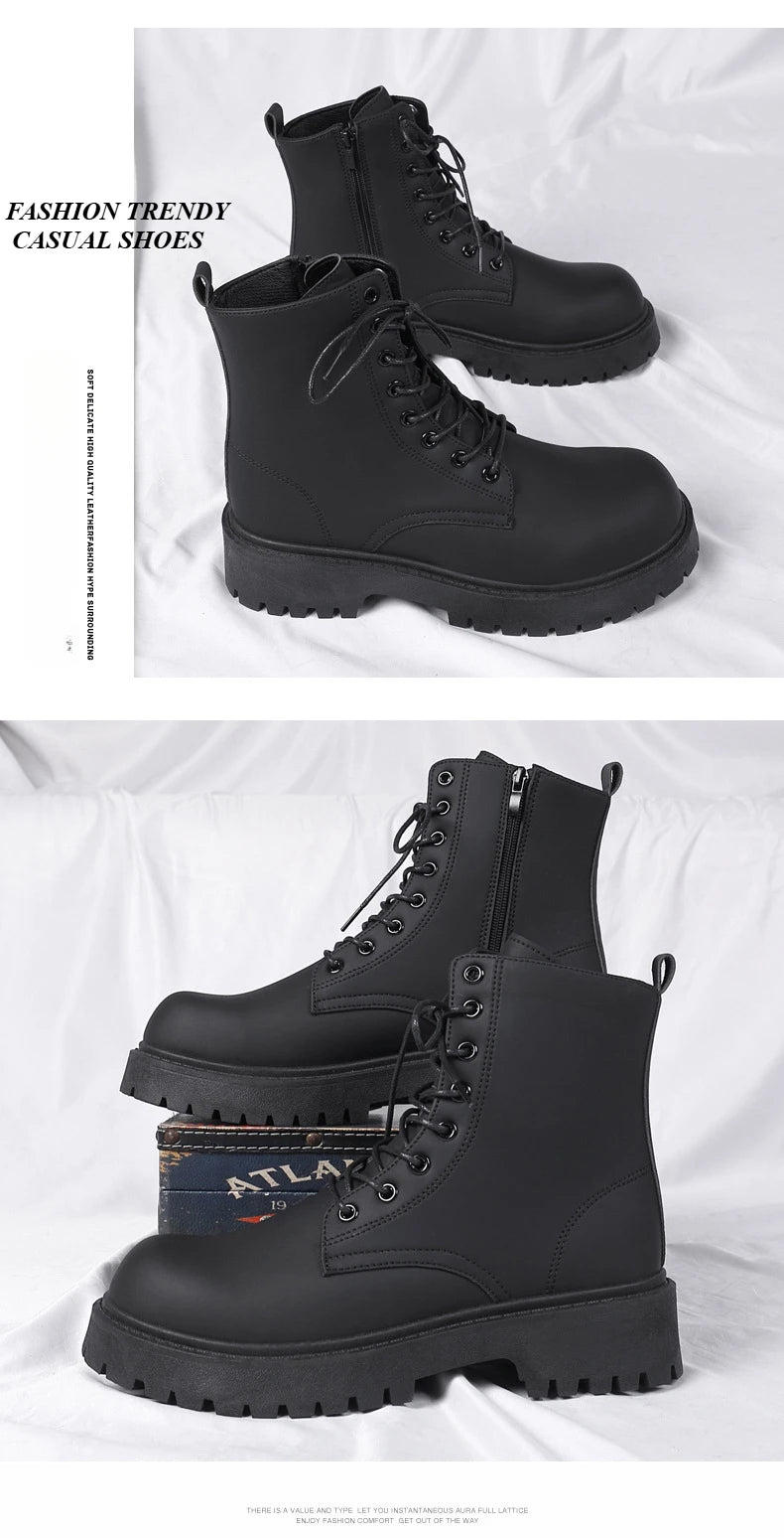 Black Leather Boots for Men High Top Platform Lace Up Light Fashion Motorcycle Boots British Style Men's Waterproof Casual Boots