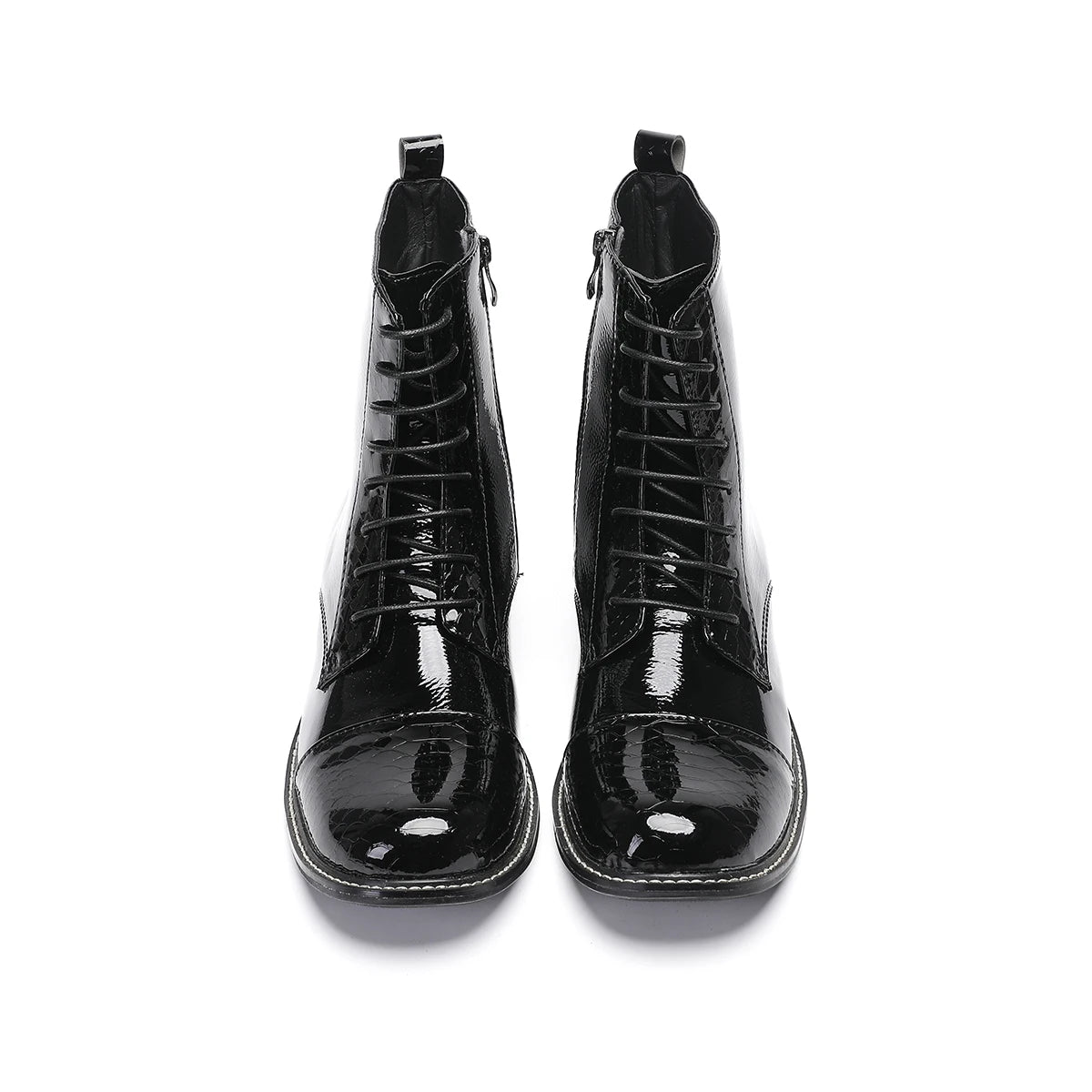 Botas Black Round Toe Patent Leather Male Short Boots for Men Plus Size Outdoors Lace Up Motorcycle Short Boots Men Dress Shoes