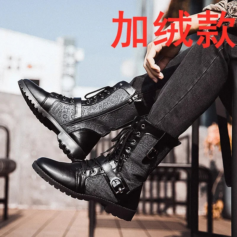 Retro Mid-Carf Punk Boots Winter Men's Plus Velvet Motorcycle Boots All-match Tooling Shoes Denim Mid-high Boots Men botas mujer