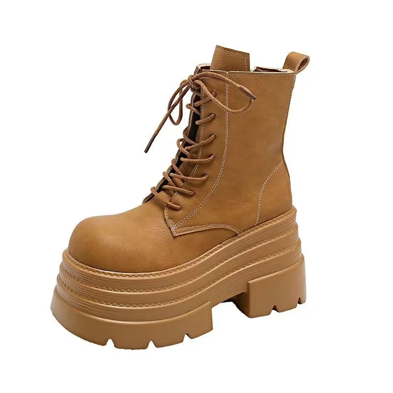 Boots Woman 2025 Trend Female Shoes Winter New British platform Lace up zipper ankle boots Plush Flat Heel Motorcycle boots