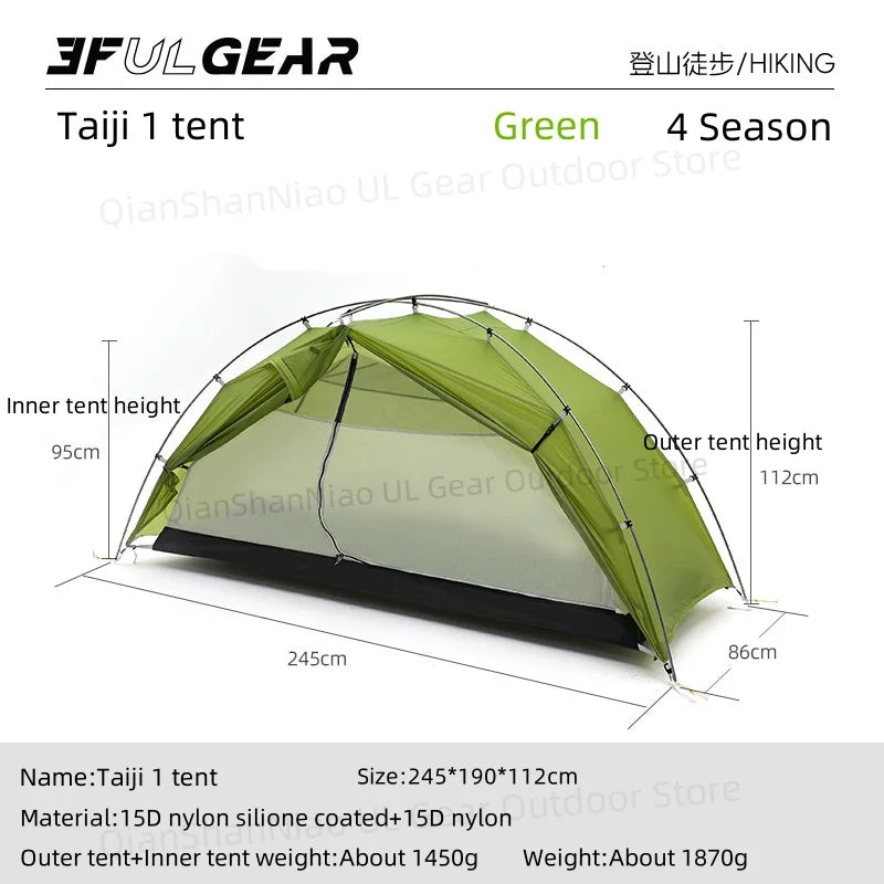 3F UL Gear Taiji 1 Tent Ultralight Single Person Outdoor Camping Tourism Tent Mountaineering Windproof Hiking Tent 1 Person