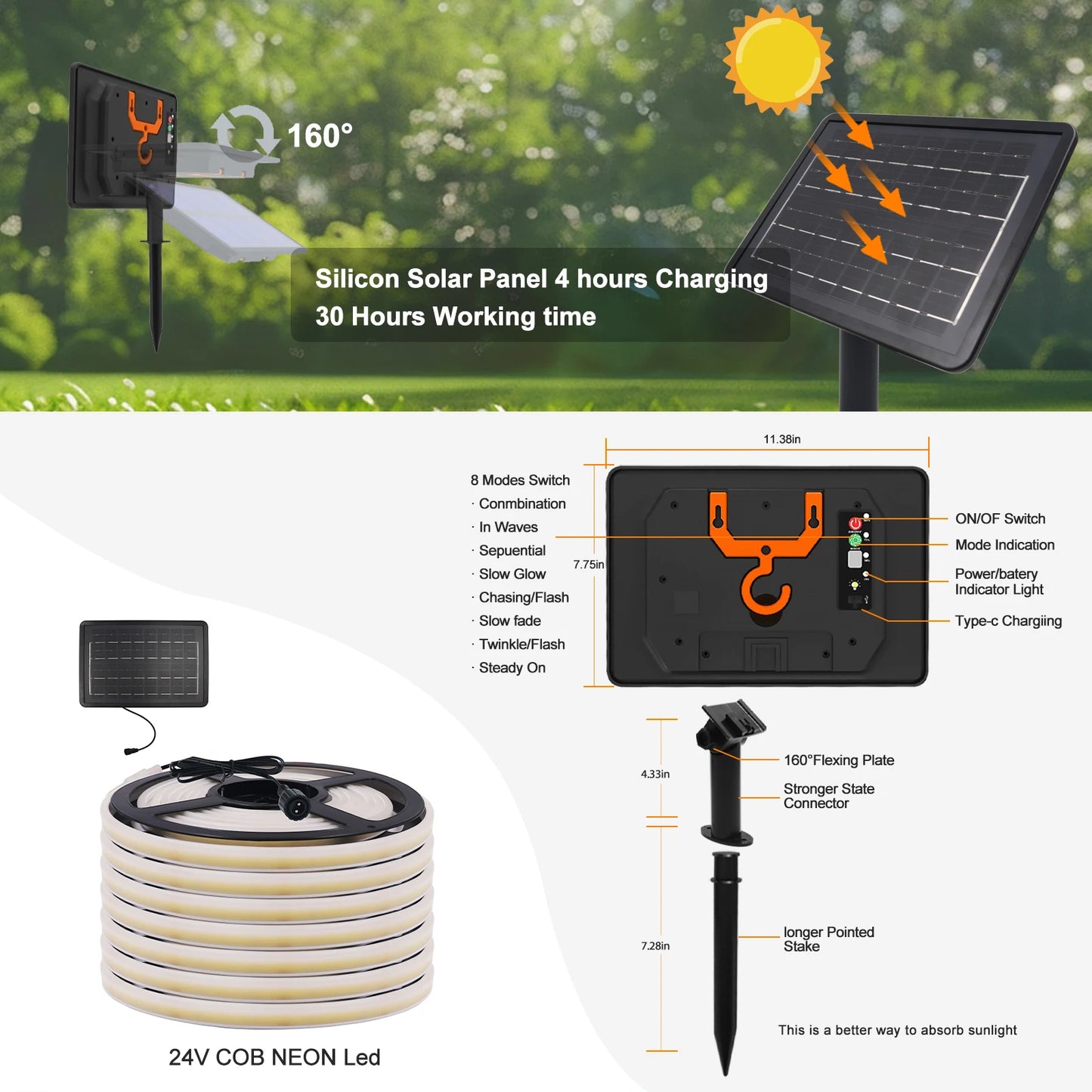 24V Solar Powered COB LED Strip Light Double Side Glow 320 LEDs/m Waterproof Flexible Neon Tape Indoor Outdoor Linear Lighting