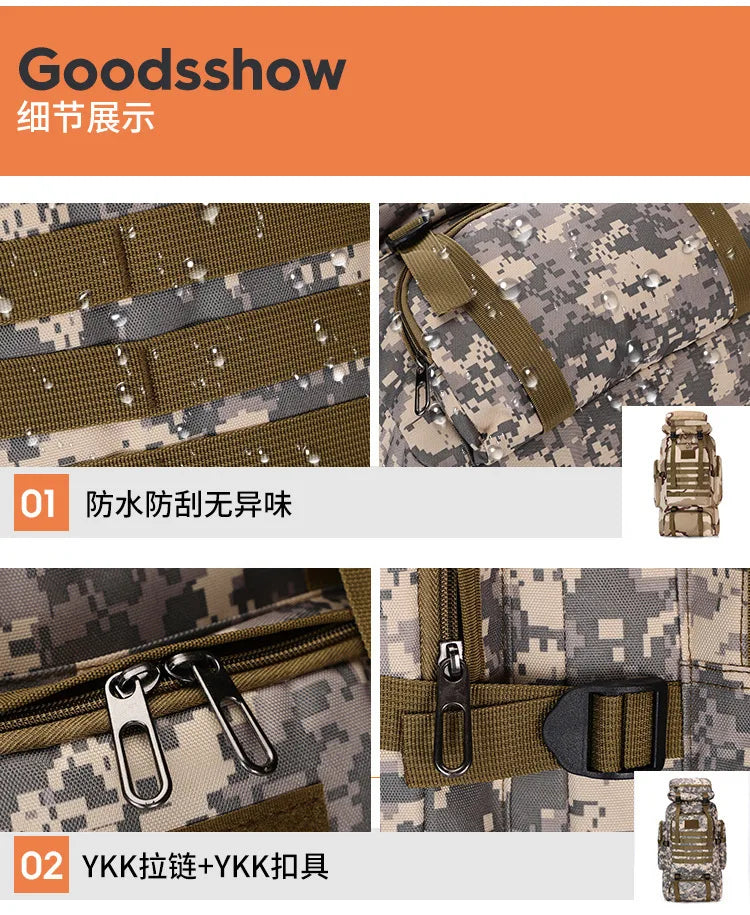 80L Waterproof Molle Camo Tactical Backpack Military Army Hiking Camping Backpack Travel Rucksack Outdoor Sports Climbing Bag