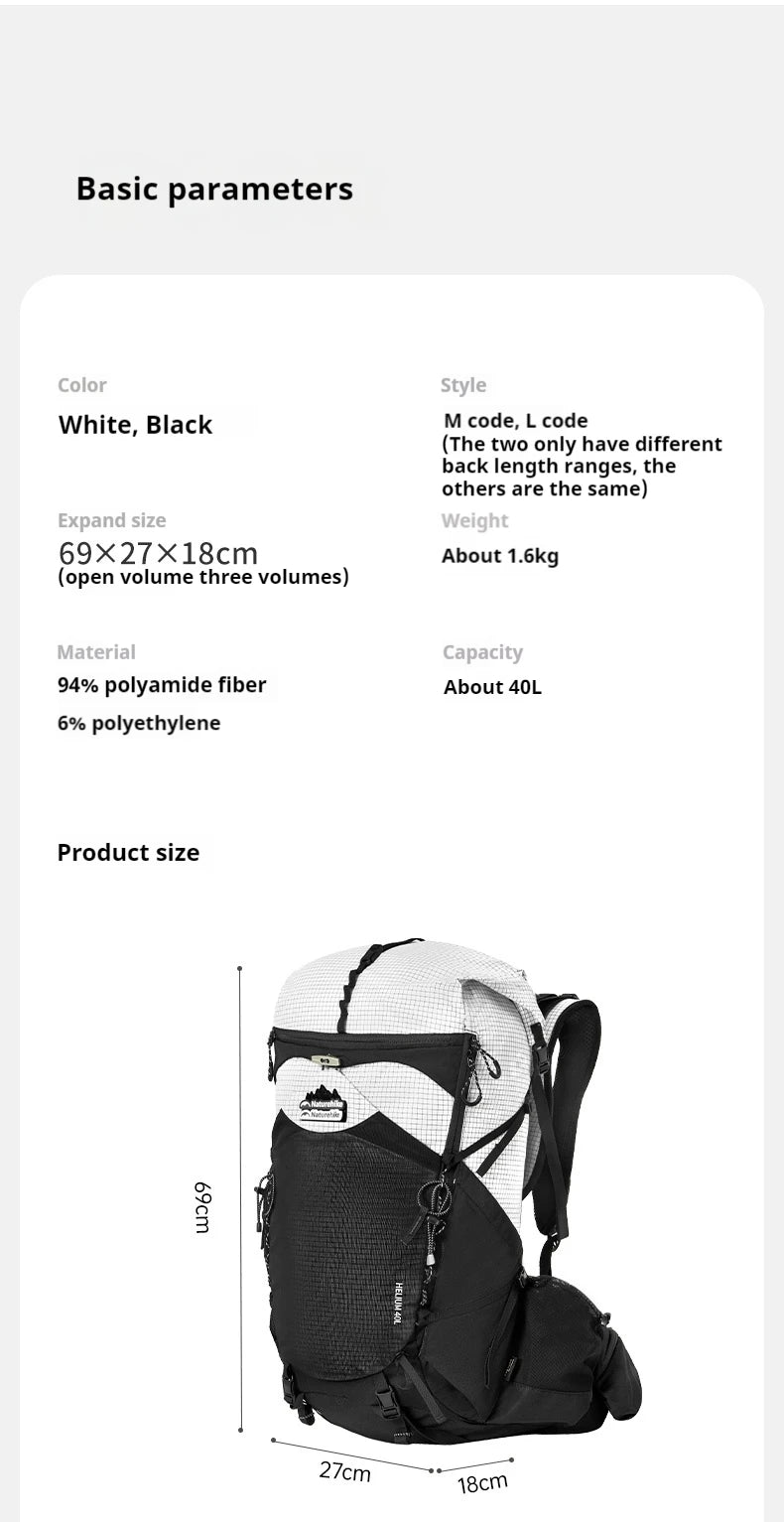 Naturehike Helium 40L Hiking Backpack Internal Frame Large Anti-slip Outdoor Travel Sports Climbing Shoulder Bag With Rain Cover