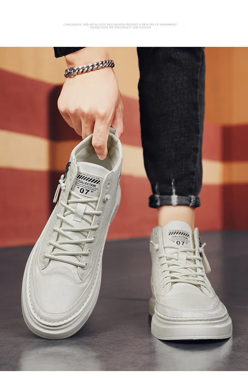 Leather Boots for Men Zipper Man Sneakers Fashion Ankle Boots High Top Man Boots Solid Sports Shoes 2024 Trend Motorcycle Boot