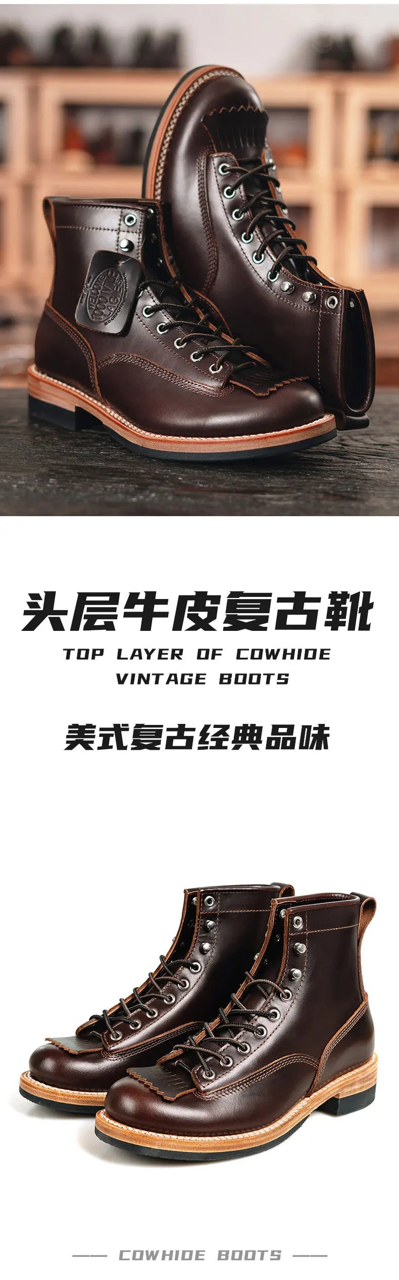 Men's Vintage Motorcycle Boots Cowhide Leather High Top Motorbike Boots Motocross Riding Boots Walking Shoes Thick Soled 38-44