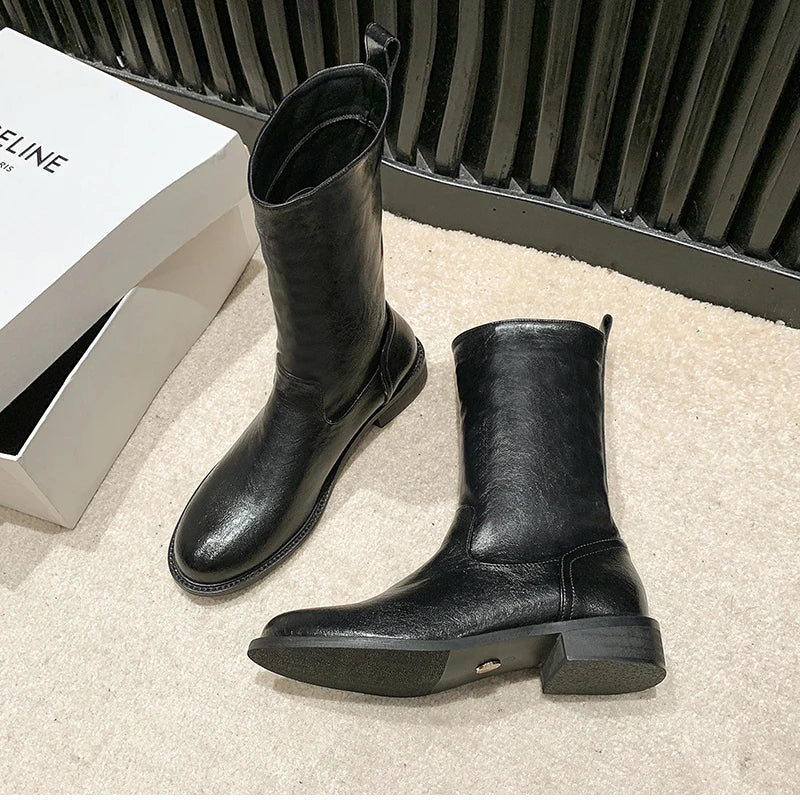 Autumn Winter Women Mid Calf Boots Female Round Toe Slip On Shoes Street Style Motorcycle Botas Mujer
