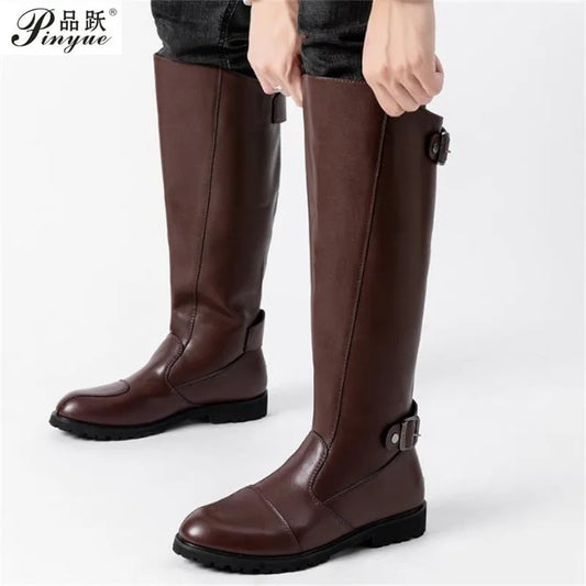 New Arrival Black Long Knee Boots Men Round Toe Buckle High Top Casual PU leather Shoes Man Motorcycle Boots Size 37-46