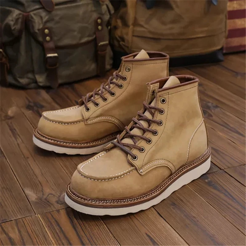 1907 Vintage Unisex Men Shoes Ankle Boots Handmade Autumn Winter Cow Leather Shoes Wings Round Toe Tooling Motorcycle Boots