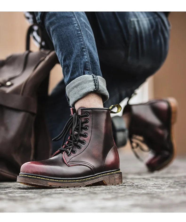 New Couple Boots Genuine Leather Motorcycle Shoes Breathable Waterproof Anti-Slip Warm Cotton Men's Women's Fashion Ankle Boots