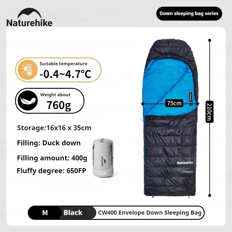 Naturehike CW400 Sleeping Bag Winter 650FP Duck Down Hooded Hiking Sleeping Bag 20D Nylon Waterproof Ultralight Envelope Warm