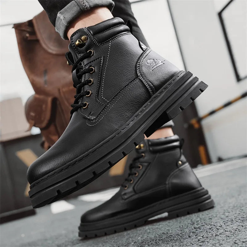 New Autumn Winter Men High Top Shoes Fashion Motorcycle Boots Outdoor Leisure Ankle Boots Comfortable Man Lace-Up Botas Sneakers