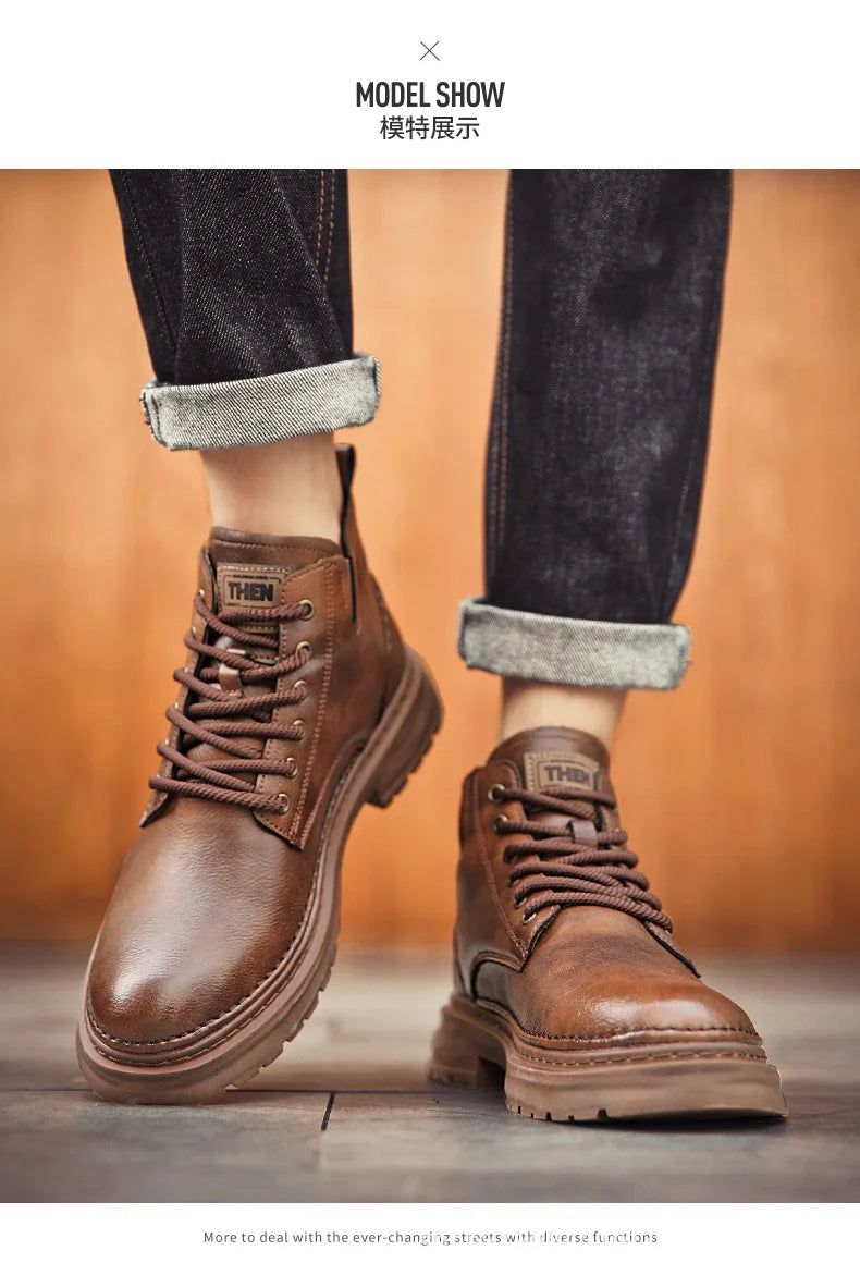 Luxury Men Ankle Boots Retro British High-top Men Boots Fashion High Quality Leather Shoes 2024 New Outdoor Men Motorcycle Boots