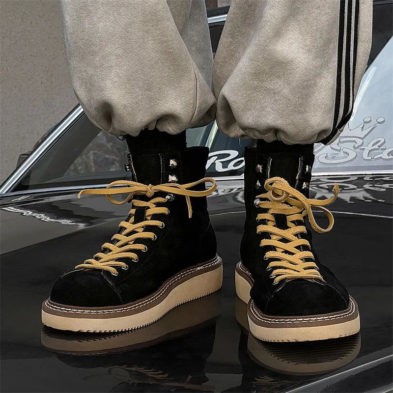 Handmade Top Quality Men Fashion Luxury Real Cow Suede Leather Shoes Tooling Ankle Boots Desert Platform Boots Motorcycle Boots