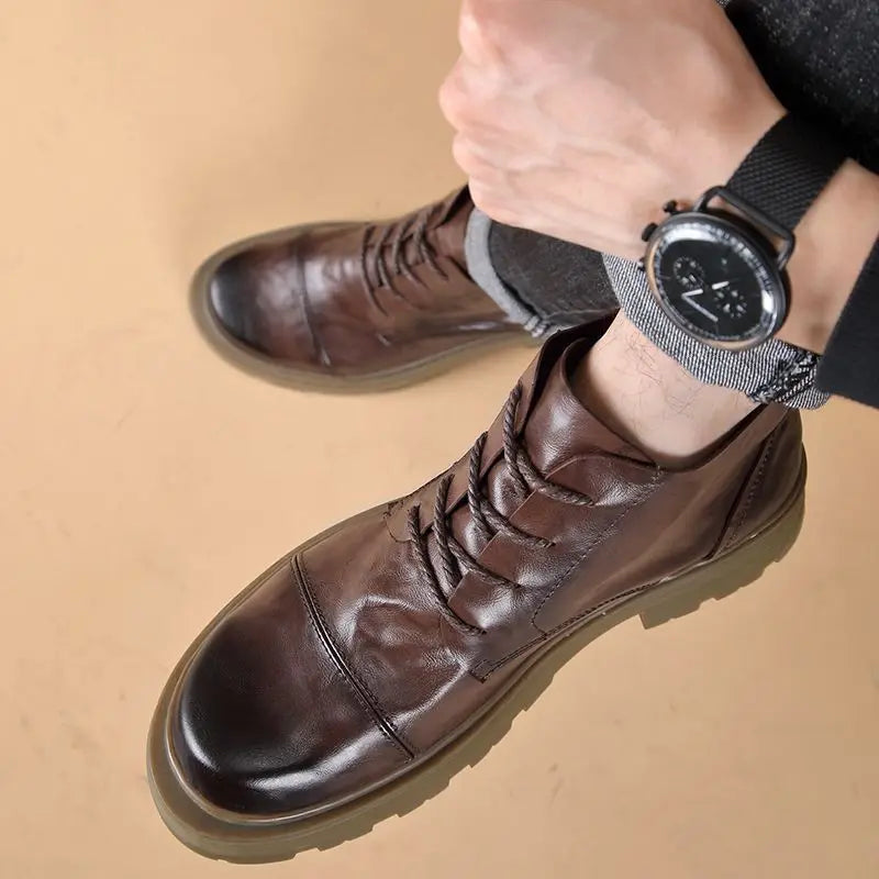 Motorcycle Boot British Style High-top Lace-up Ankle Boots Autumn Winter New Luxury Men's Genuine Leather Designer Shoes