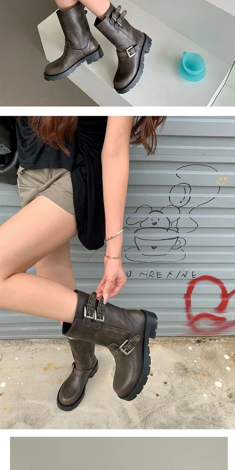 Spring and Autumn Women Boots Retro Platform Boots 2024 Round Toe Solid Color Low Heel Short Buckle Casual Women's Fashion Boots