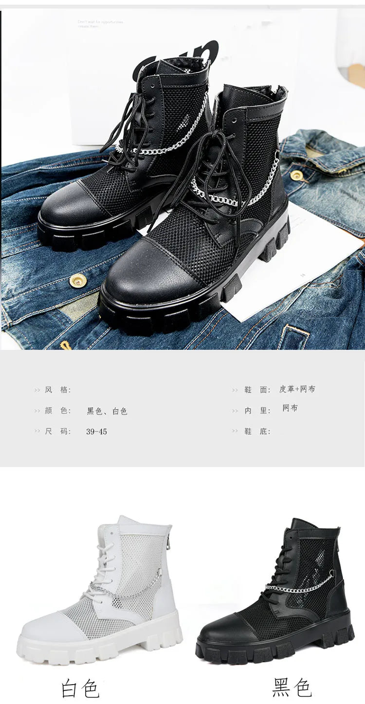 2024 New Summer Men's Boots Thick Bottom Mesh Surface Breathable Hollow Out Chain Short Boot Male Autumn Fashion Casual Shoes