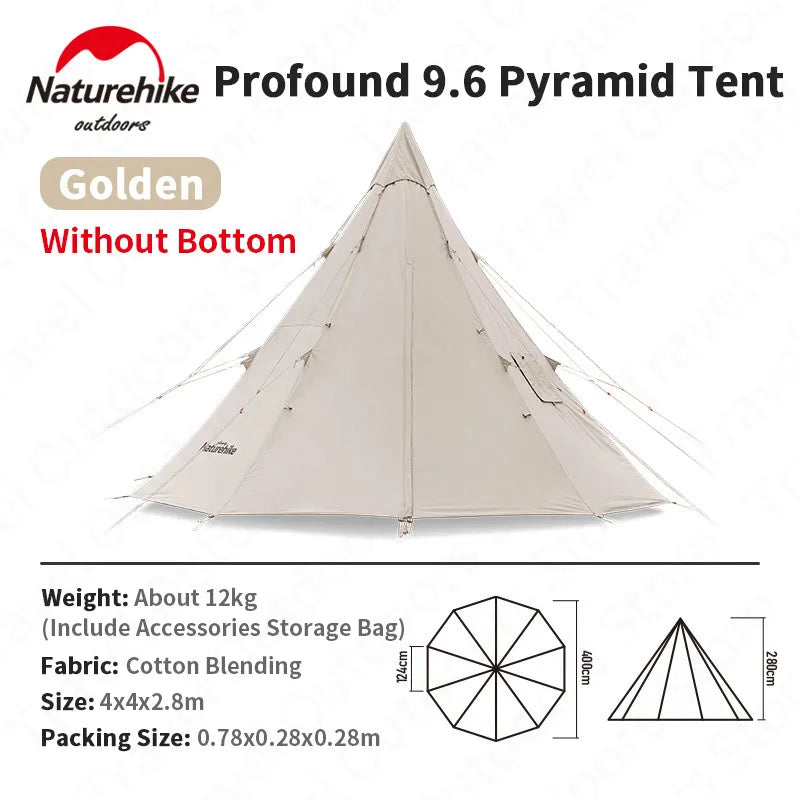 Naturehike Pyramid A-type Tent Teepee Tipi Tent With Chimney for 5-8 People Family Travel Camping Cotton Blend 9.6 Waterproof