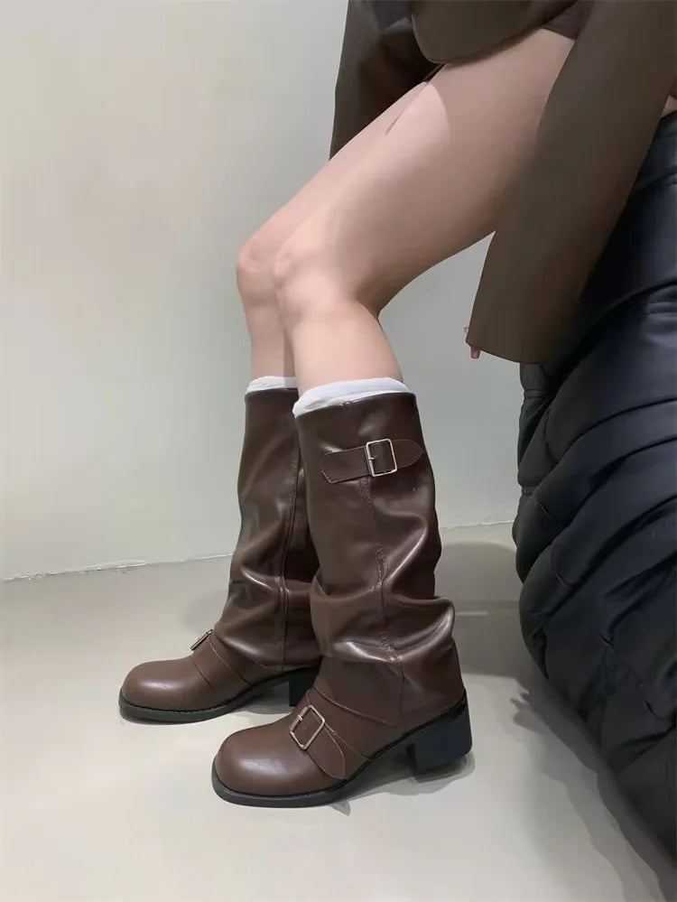 Rock Women Boots Punk Ladies Shoes Women Buckle Knight Boots Motorcycles Boots Woman Slip-On Thick Heel Riding Botas Mujer 2024