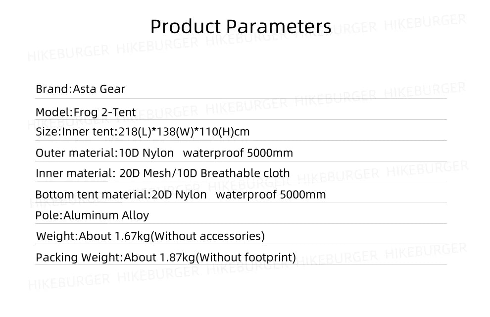 ASTA GEAR Frog2 Windproof Tent Outdoor Camping 2P Silicon Coating Lightweight Tent 10D Nylon Backpack Hiking Windproof Rainproof