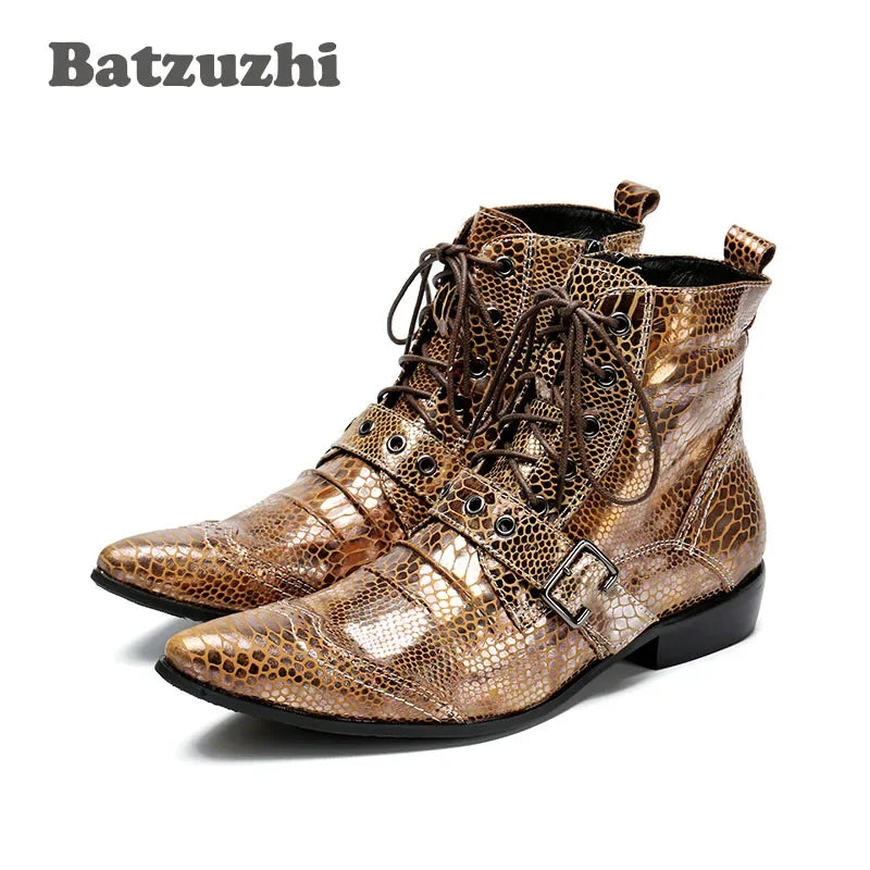 NEW Western Punk Men Boots Ankle Golden Leather Short Boots Rock Winter Autumn Motorcycle Boots Men botas hombre,US6-12