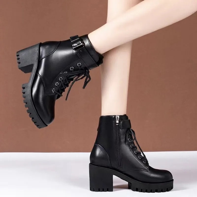Winter Women's Boots 2025 New Lace Up Boots for Womens Fashion Thick Heel Side Zipper Ankle Boots Warm Female Motorcycle Shoes