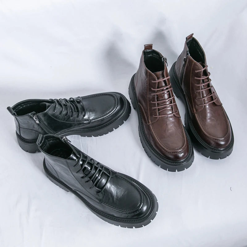 Fashion Men's Genuine Leather Casual Shoes Classic Outdoor Workwear Shoes Men's Motorcycle Boots Handsome Height Increasing