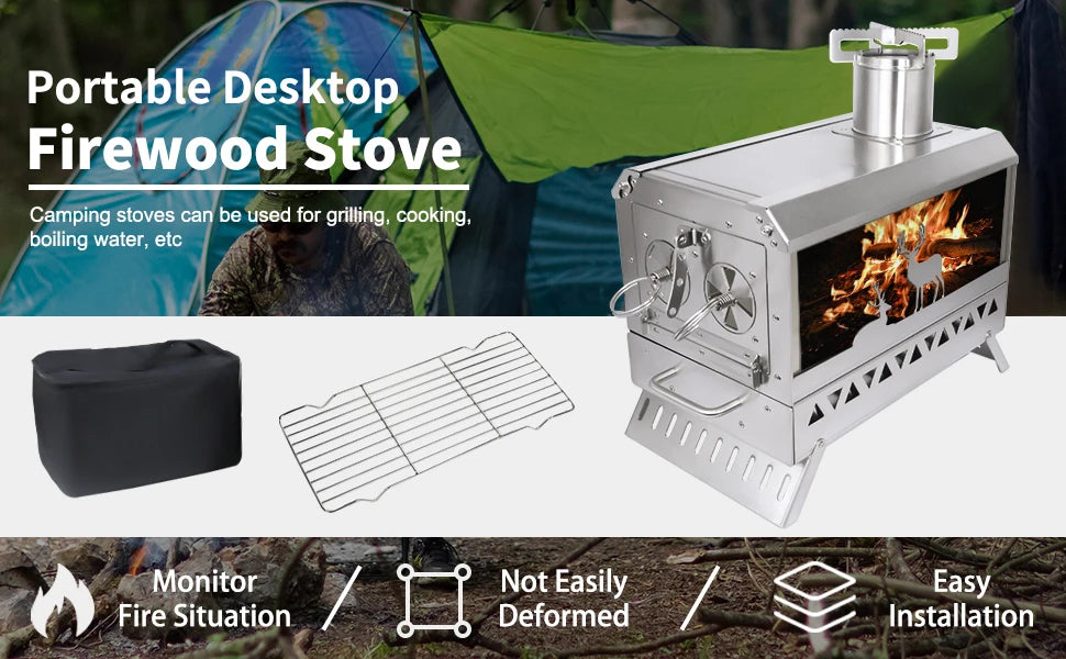 Firewood Stove Outdoor Portable Stainless Steel Burner Desktop Heater with Collapsible Legs for Camping Hiking Barbecue Travel