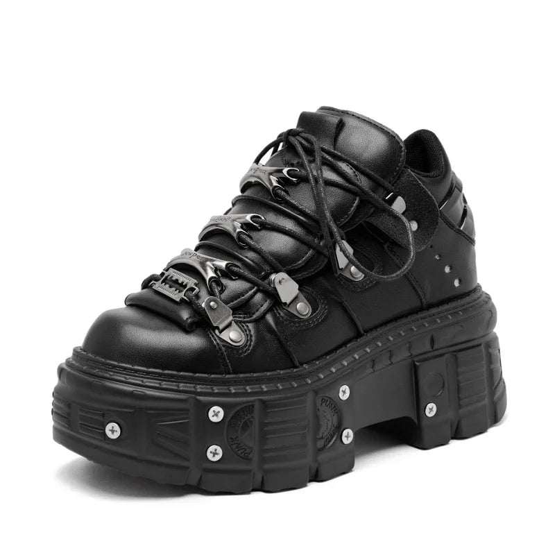 2025 New Punk Style Women Black Rock Metal Decor Lace-up Heel Height Platform Shoes Gothic Man Sneakers Women Ankle Boots