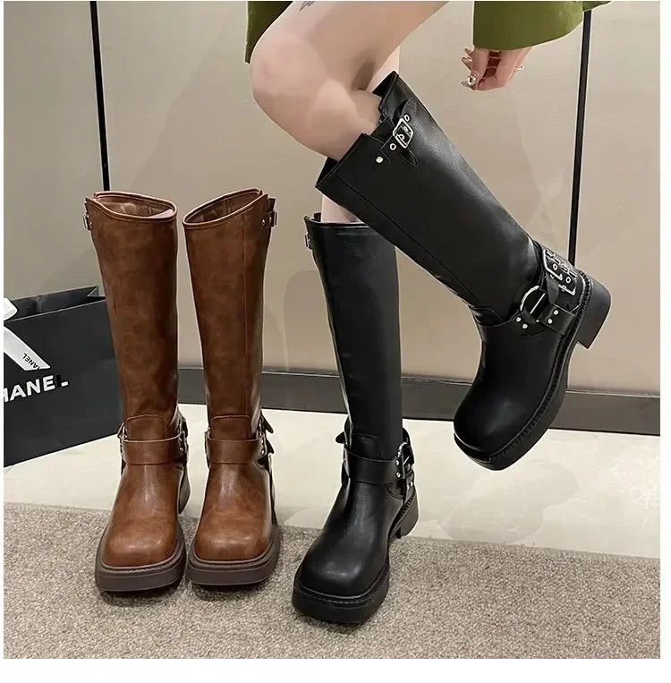 WOMEN'S platform knee-high Knight casual long boots chunky vintage fashion buckle luxury designer Western cowboy woman shoes