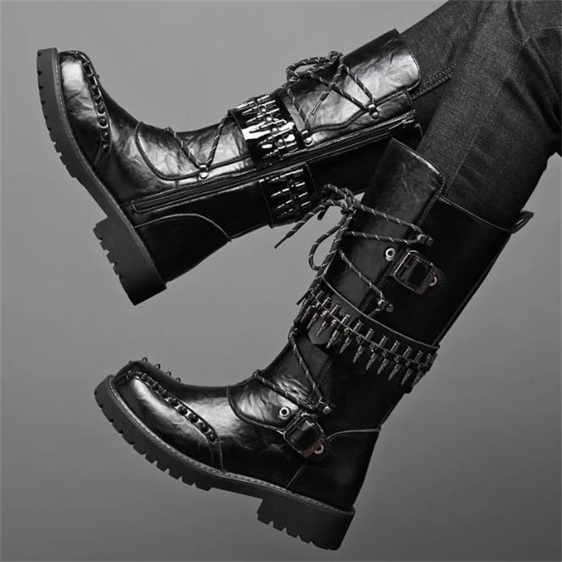 Round Toe Metal Decorations Belt Buckle men Boots Thick Sole Flats Black Zipper Fashion Punk Gothic  Equestrian Motocycle Boots