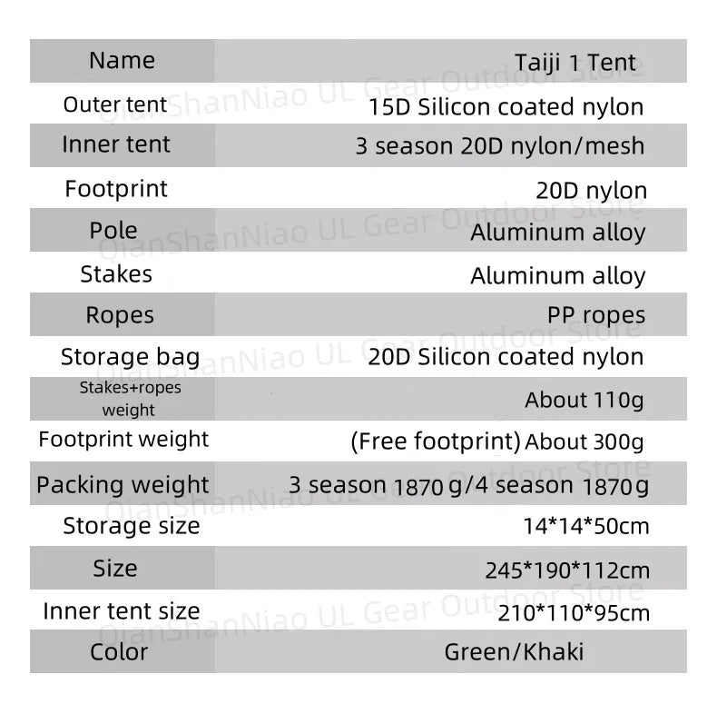 3F UL Gear Taiji 1 Tent Ultralight Single Person Outdoor Camping Tourism Tent Mountaineering Windproof Hiking Tent 1 Person