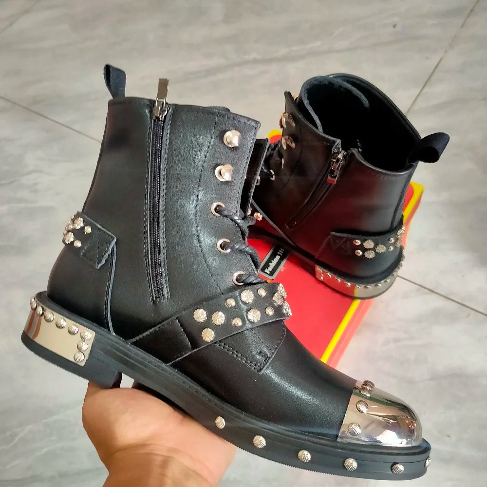 New high quality heavy metal men's fashion motorcycle casual popular ankle boots Autumn winter luxury tall boots pocket boots A6