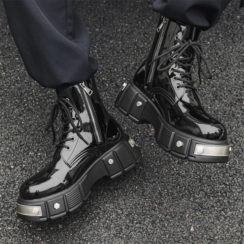 men's casual punk goth dress patent leather boots brand designer shoes cowboy platform boot cool long motorcycle botas masculina