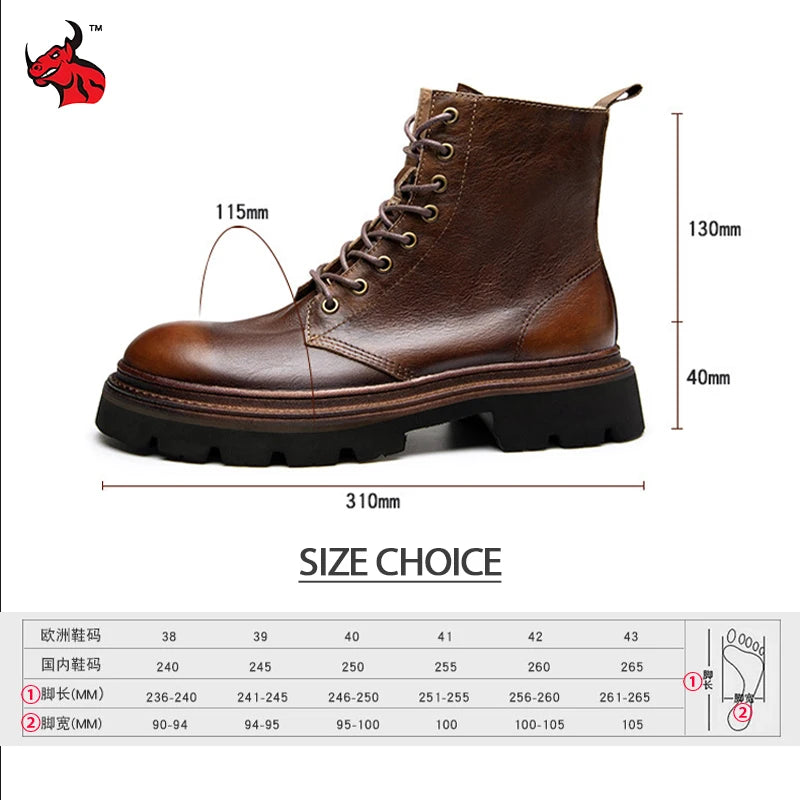 Motorcycle Boots Men Genuine Leather Retro Motorbike Ankle Boots Thick Soled Wear Resistant High Top Cowhide Shoes EU 38-44