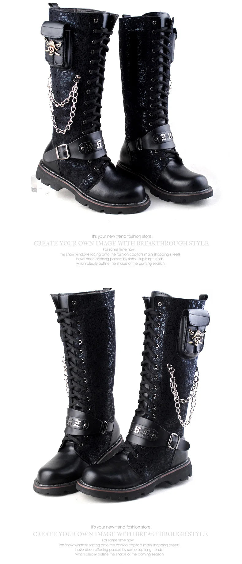 Men Motorcycle Boots  Knee High Boots Low Heels Knight Shoe man Vintage Boots male zapatos,Combat Boots Gothic Skull Punk Boots