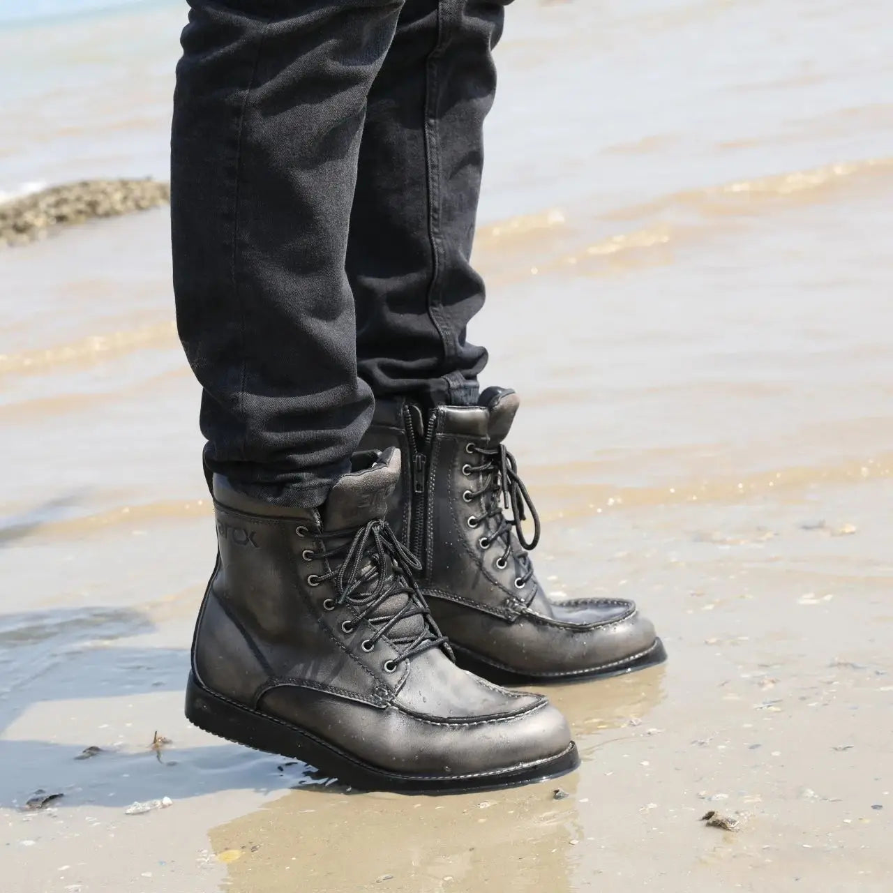 ARCX Men's Vintage Black Genuine Leather Motorcycle Racing Boots, Retro Style Riding Footwear for Men, Durable Cowhide Car Shoe