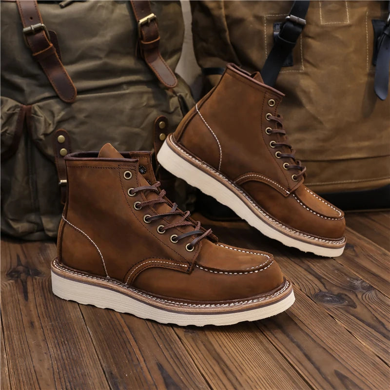 1907 Vintage Unisex Men Shoes Ankle Boots Handmade Autumn Winter Cow Leather Shoes Wings Round Toe Tooling Motorcycle Boots