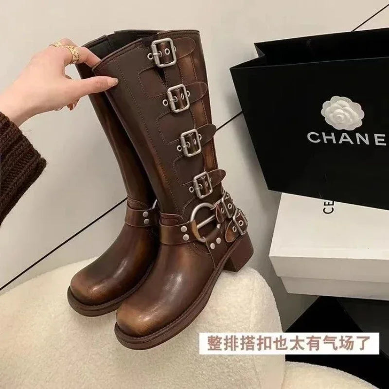 Metal Buckle Square Toe Knee High Boots Women Black PU Leather Punk Long Boots Woman Autumn 2025 Chunky Heels Motorcycle Booties