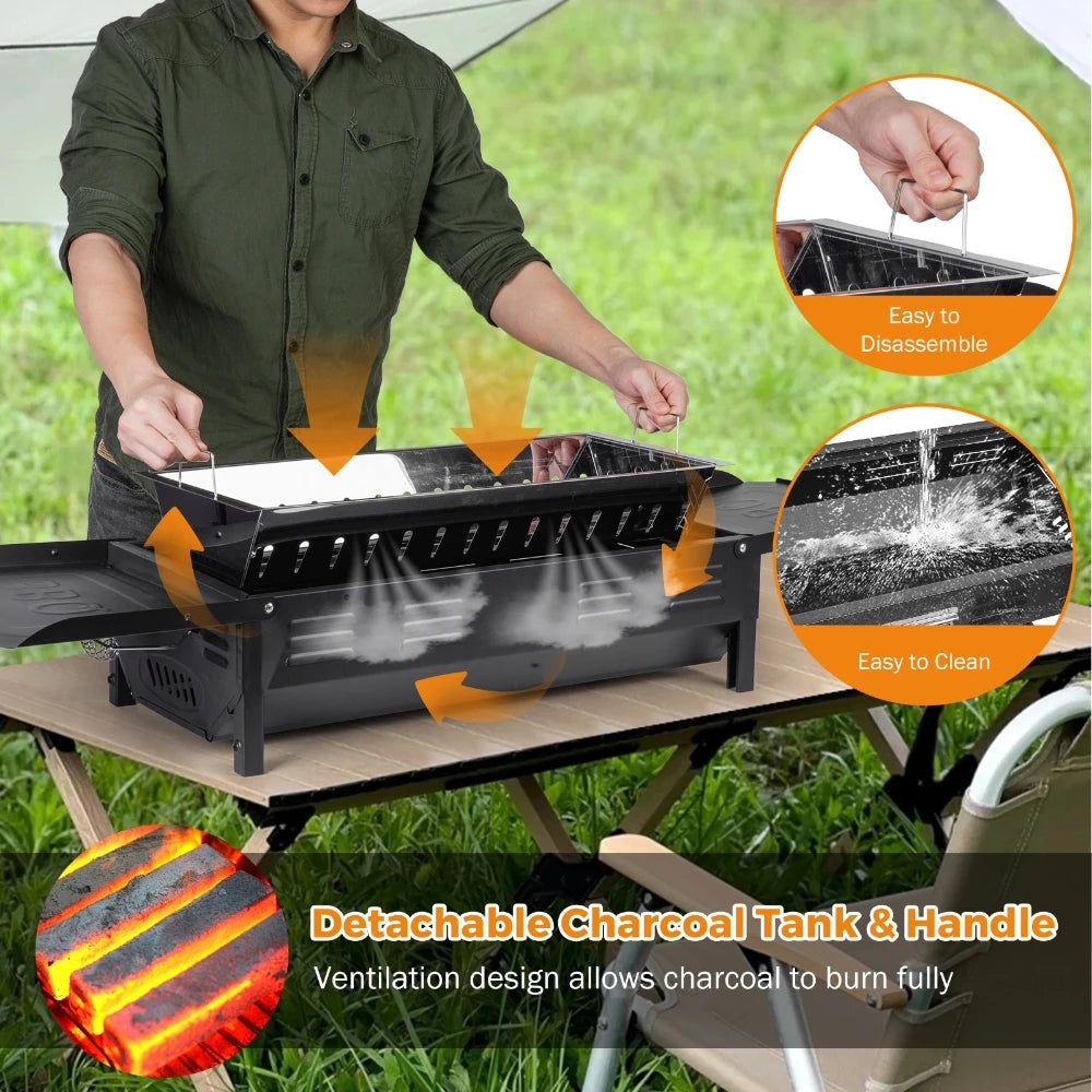 120x30x65cm Portable BBQ Grill Folding Charcoal Grill Household Garden Backyard Camping Barbecue Grill Stainless steel Black